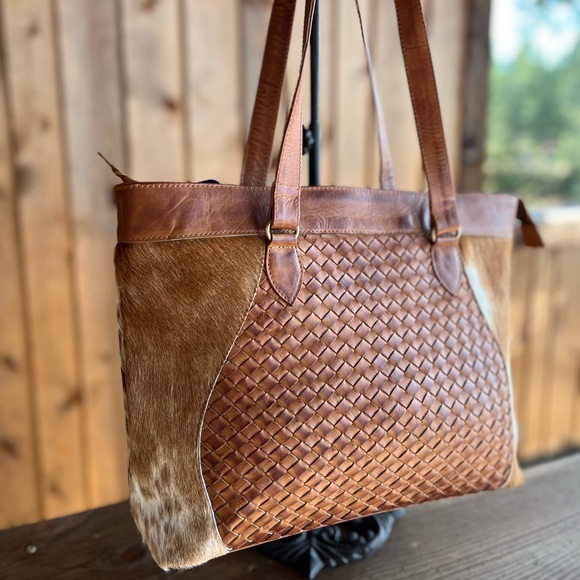 Fall New Vintage Look Cowhide Woven oil rubbed woven Leather  Bag Tote satchel - Picture 4 of 12
